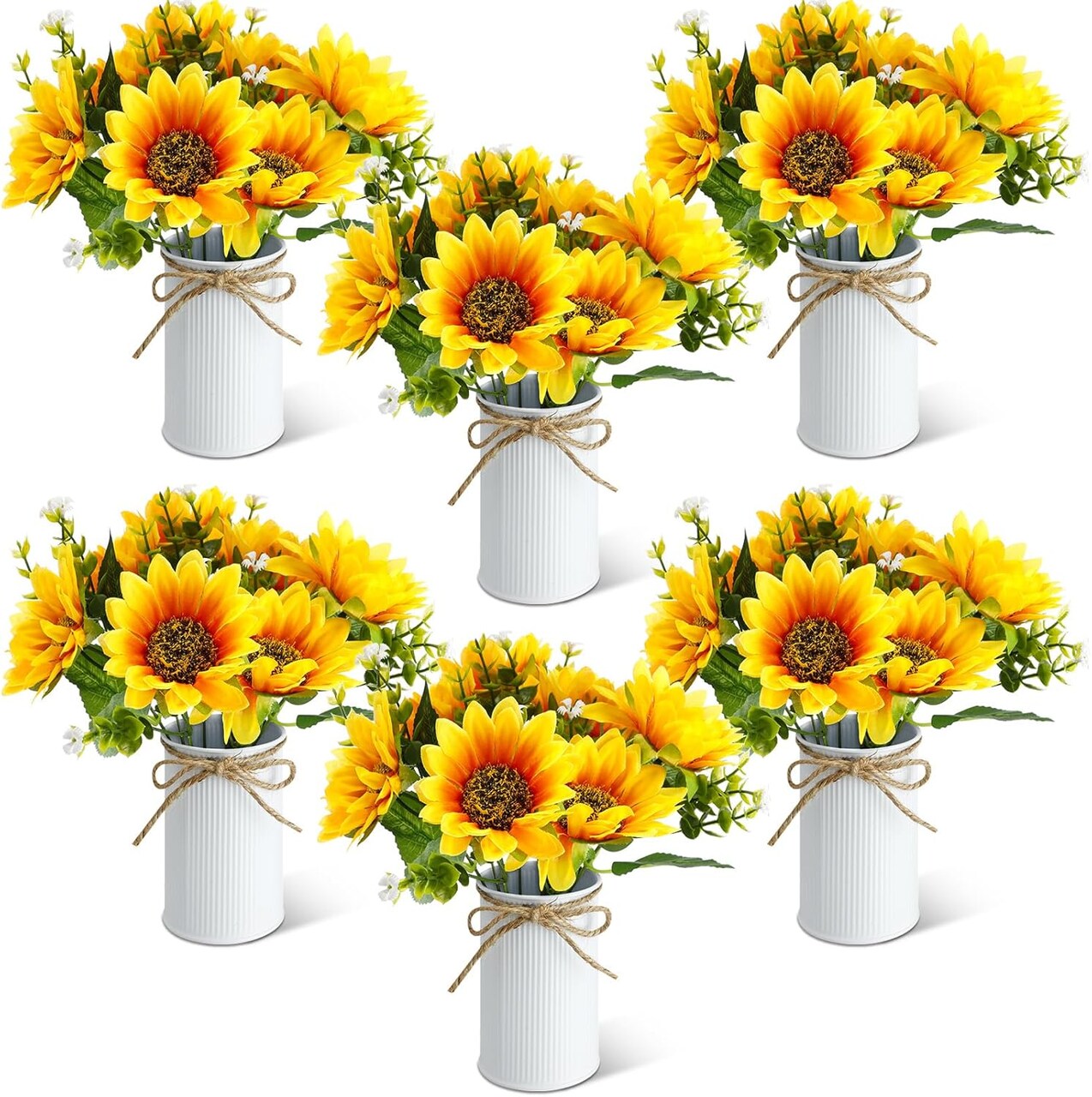Spring Tabletop Decor – 6 Sets Artificial Sunflower Centerpieces with White Vase, Rustic Faux Sunflowers for Tables, Kitchen, Dining, and Farmhouse Home Décor